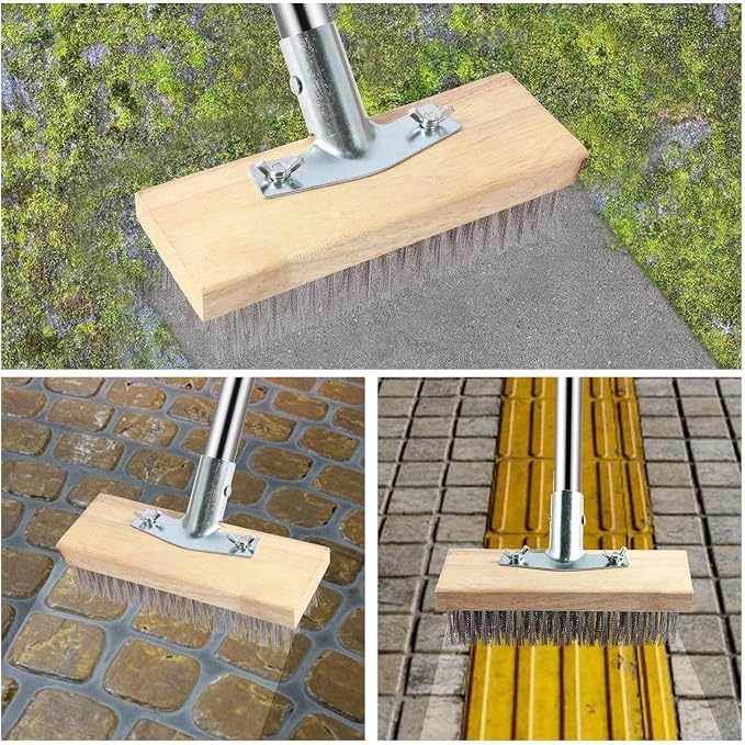 Concrete Brush Heavy Duty Scrubbing Tool, Weeds Moss Algae Stain Remover | Deck Scrub Brush Long Handle Outside Moss Remover Outdoor Scrubbing Tool Garage Cleaner for Patio Deck Garden Shower Wall