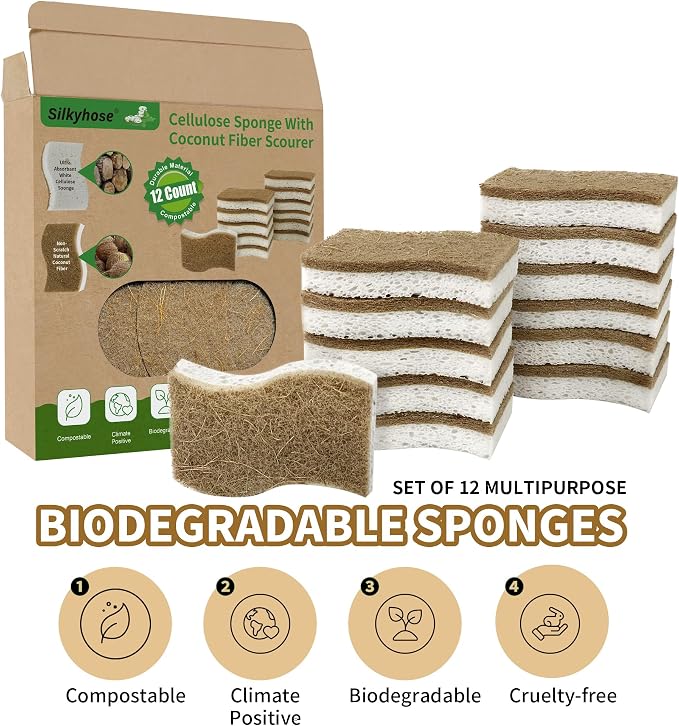 Natural Kitchen Sponges, Biodegradable & Compostable | Non-Scratch Cellulose Coconut Fiber Sponges for Dishes, Pots & Pans | Eco-Friendly Cleaning Sponge (12)