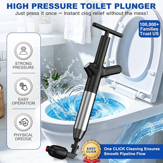 Toilet Plunger, High Pressure Toilet Plunger, Toilet Unclogger Tool for Drain Clog, Heavy Duty Plunger with Gauge, 4 Heads for Bathroom, Sink, Shower