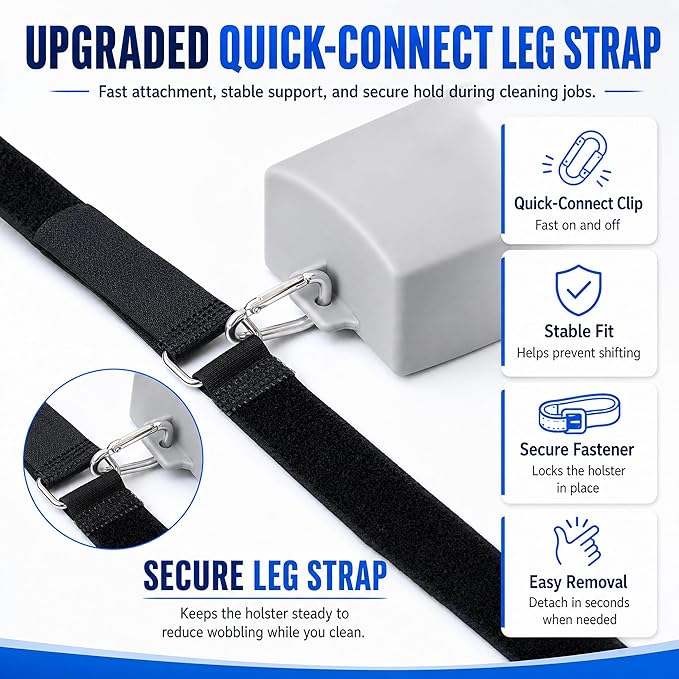 Window Cleaning Holster with Belt and Quick-Connect Leg Strap | Detachable Squeegee Holder Tool, Removable Side Bucket, Multi-Tool Waist Carry Design