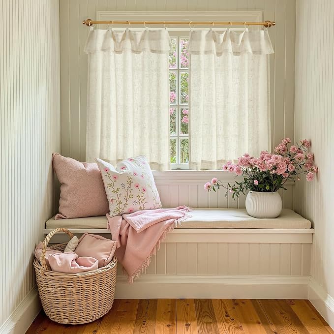jinchan Linen Tier Kitchen Curtains, 30x36, 2 Panels, Natural | Light filtering, rod pocket, farmhouse, small window decor, cafe style, machine washable, bathroom, laundry room, RV