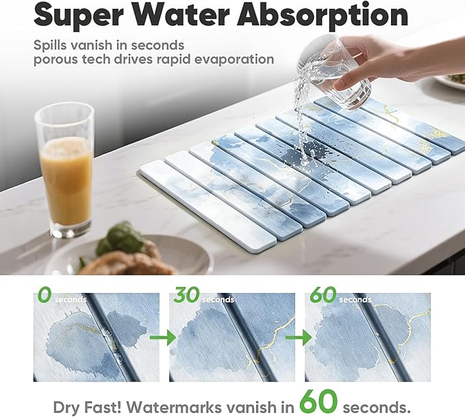 Stone Drying Mat for Kitchen Counter, Quick Diatomaceous Earth Mats for Dishes, 24"L x 16" W Super Absorbent Fast-Drying Collapsible Countertop Stone Mat (Marble White Blue, 24" x 16")