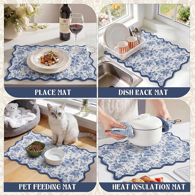 Scalloped Chinoiserie Blue Floral Dish Drying Mat 12"x20" Absorbent Coffee Mat Cuttable Hide Stain Non-slip Drying for Kitchen Counter Coffee Maker Espresso Machine