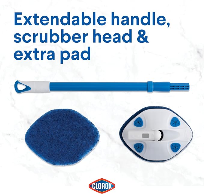 Clorox Extendable Tub & Tile Scrubber with Polyurethane Head – Heavy Duty Bathroom Cleaning Brush with Bonus Refill, Pivoting Head, Replaceable Pad, Works with Clorox Wipes