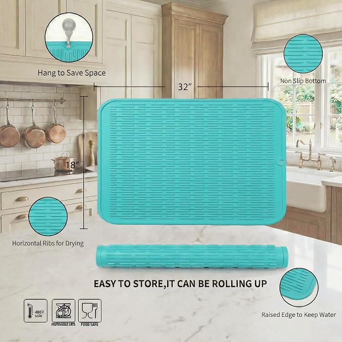 MicoYang Silicone Dish Drying Mat for Multiple Usage,Easy clean,Eco-friendly,Heat-resistant Silicone Mat for Kitchen Counter or Sink,Refrigerator or Drawer Liner Mint 4XL 32 inches x 18 inches
