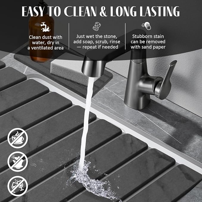 2 PCS Extra Large Stone Dish Drying Mat for Kitchen Counter, 28"×16" Marble Dish Drying Mat with 8"x 4" Coasters, Non - Slip Collapsible Absorbent Mat for Multi - Purpose, Match Any Countertop【Gray】