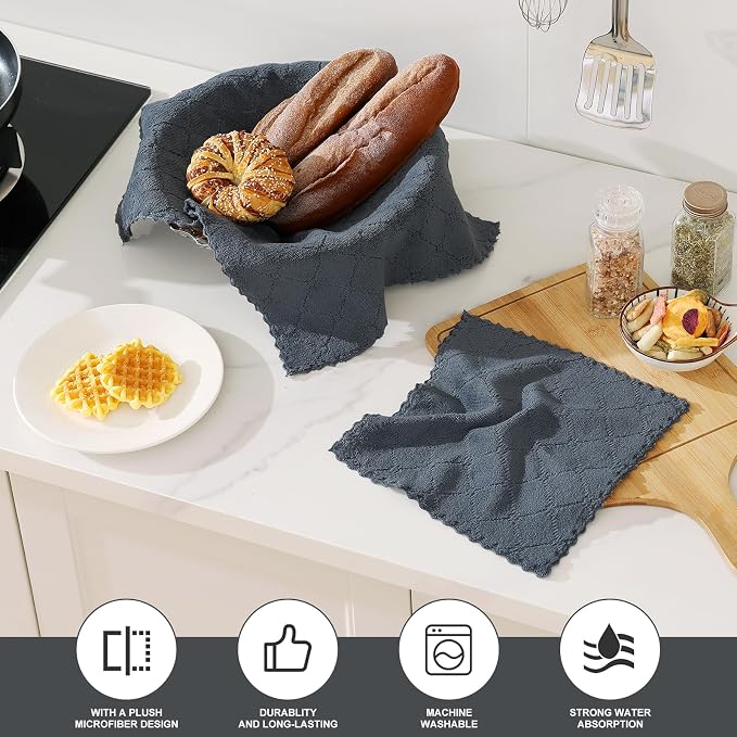 Homaxy Kitchen Towels and Dishcloths Set, 10 x 10 and 13 x 19 Inches, Set of 12 Super Soft and Absorbent Coral Velvet Kitchen Towels, No Lint and Nonstick Oil Fast Drying Dish Towel, Dark Grey