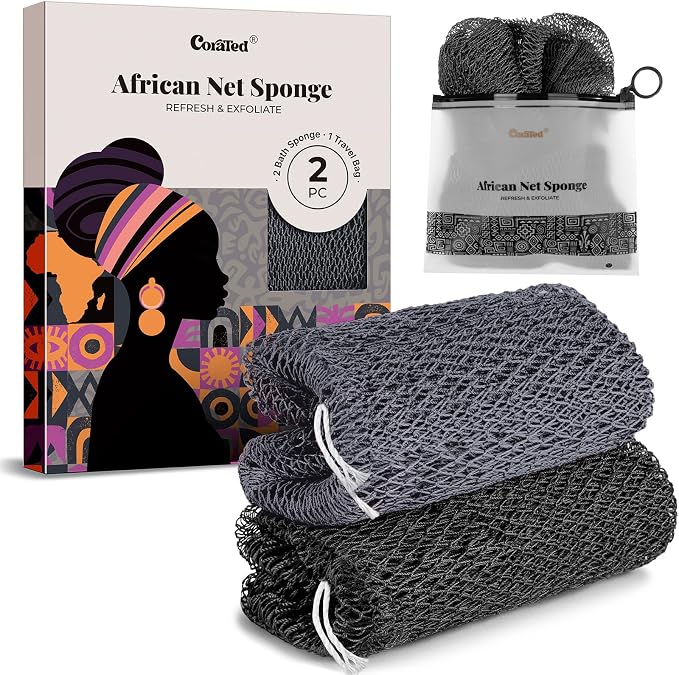 CORATED African Net Sponge Authentic, Shower Net with Knots Loofah Exfoliating Bath Sponge, Body Scrubber for Women Daily Use Body Care, Travel Portable Bath Accessories for Bathroom (Black & Grey)