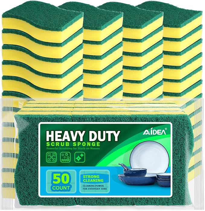 AIDEA Sponges Kitchen, 50-PK Heavy Duty Dish Sponge Kitchen, Scrub Sponges | Sponges for Dishes Stink-Free Cleaning, Reusable Cleaning Dish Scrubber Sponges for Home & Restaurant, Bathroom, Sponges Bulk