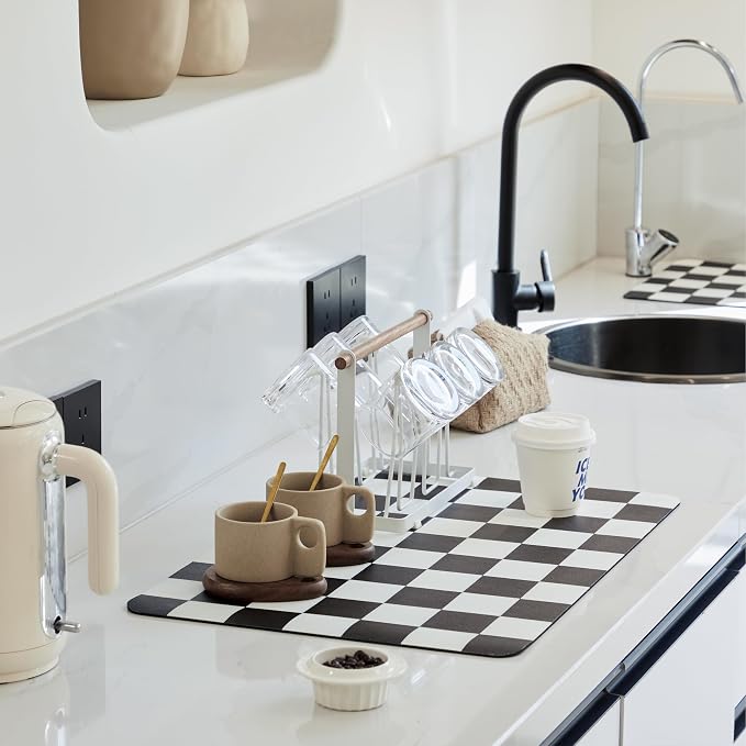 Ohocut Checkered Dish Drying Mat for Kitchen Counter, Coffee Bar Station Accessories, Retro Cute Aesthetic Modern Absorbent Drainer Mat Kitchen Drying Mat Easy Clean, Black 12" x 19"