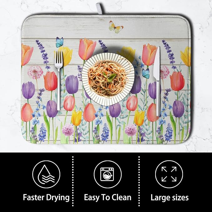 Tulip Floral Dish Drying Mat for Kitchen Counter Watercolor Spring Flower Dish Mat Absorbent Microfiber Dish Draining Mat Reversible Heat Resistant Dishes Pad Large 18 x 24 Inch