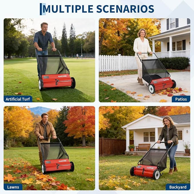 Garvee 26-Inch Push Lawn Sweeper for Yard and Garden Cleanup Red | 4 Leaf Sweeper Brush, Large 7 cu. ft. Hopper Bag, Height Adjustable, Durable Steel Frame