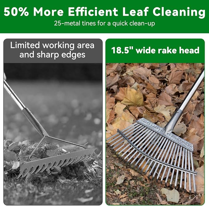 2-in-1 Leaf Rake Set with Leaf Scoops, 25-Tine Garden Rake and Grabber for Leaf Cleanup & Picker Up, Adjustable Long Handle, Wide Metal Head for Garden‌, Yard, Soil, Weeds‌, Grass, Camping