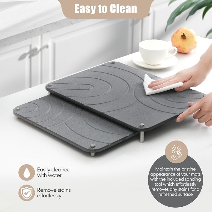 CZWL&HG 2 PCs Stone Dish Drying Mats for Kitchen Counter-Diatomaceous Dish Drying Mats Superb Absorbent with Non-Slip Stainless Steel Feet,Heat Resistant,15.7"(L)×11.8"(W)