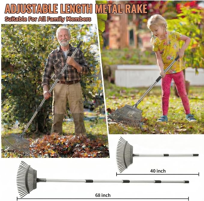 Metal Bow Leaf Rake with 25 Steel Teeth & 68" Stainless Steel Handle | 20" Wide Head, 3 Height Settings, Dethatching & Lawn Care, For Leaves Debris & Mulch, Tool-Free Assembly, Easy Storage