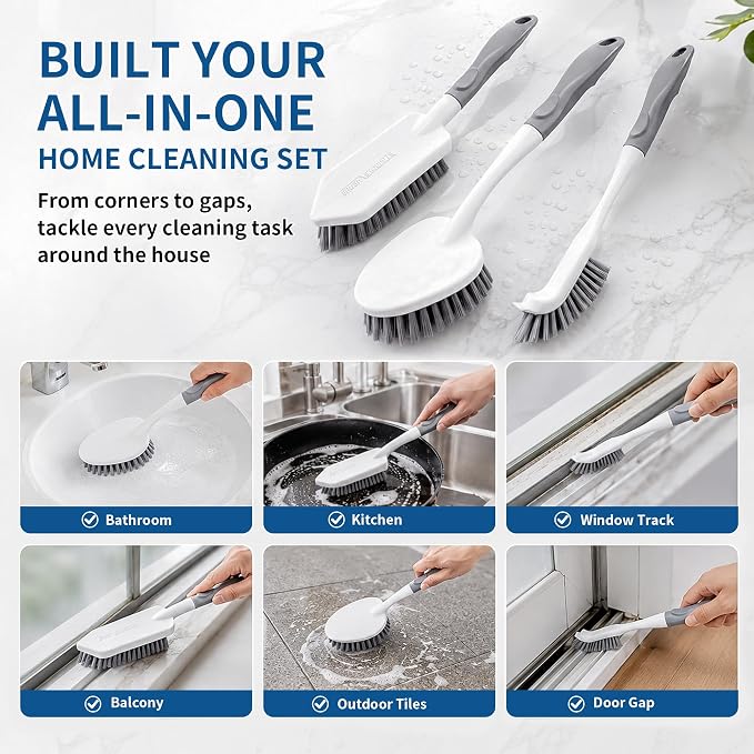 3PCS Heavy Duty Scrub Brush Set - Shower Cleaning Brushes for Bathroom | Corner brush with scraper, V-shape grout brush & stiff scrubber. For grout, tracks, crevice, shower, tub & floor.