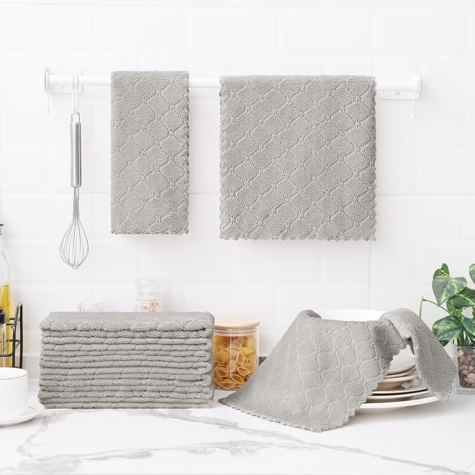 Homaxy 18 Pack Dish Towels for Kitchen (10 x 20 Inches, Grey), Super Soft and Absorbent Coral Velvet Dish Cloths for Washing Dishes, Nonstick Oil Fast Drying Microfiber Cleaning Cloth