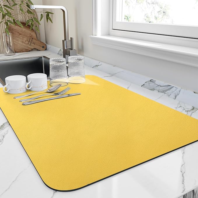 HotLive Dish Drying Mat for Kitchen Counter, Heat Resistant Drainer Mats with Non-slip Rubber Backed, Hide Stain Kitchen Super Absorbent Draining Mat, Easy to Clean Dish Rack Pad, Yellow 16"x18"