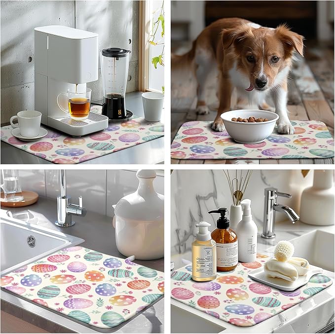 Easter Dish Drying Mat for Kitchen Counter Easter Spring Colorful Eggs Floral Drying Mats Absorbent Reversible Microfiber Washable Draining Pad Washable Dry Mat 16x18 Inch