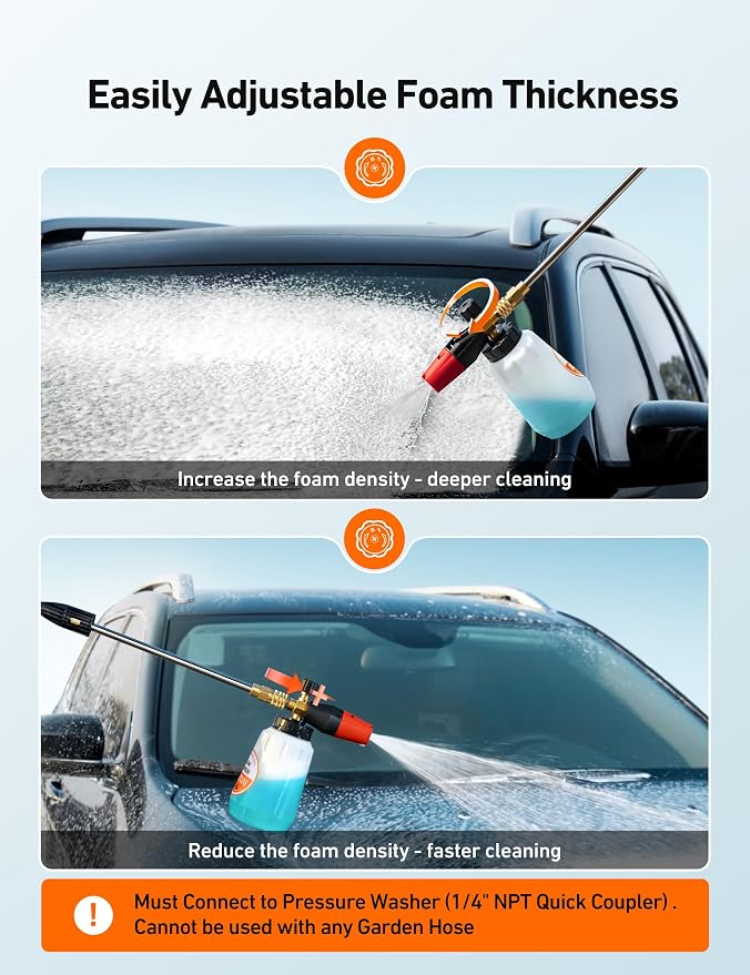 AstroAI Foam Cannon for Pressure Washer with 1/4" Quick Connect Plug, 1 L | Thick Foam, Car Wash, Heavy Duty Durable Foam Sprayer, Wide Neck, Adjustable Snow Foam Lance, Easy Install, Detailing, Brass