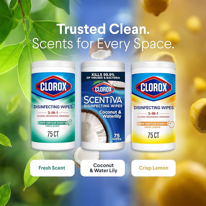 Clorox Disinfecting Cleaning Wipes, Bleach Free, Crisp Lemon, Fresh Scent, Scentiva Coconut and Waterlily, 75 Count Each (Package May Vary)