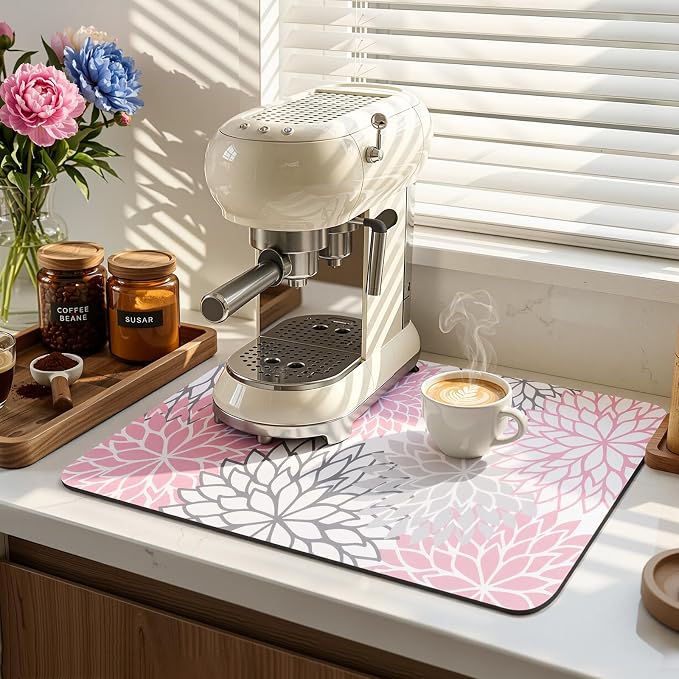 Findosom Dish Drying Mat, 12" x 20" Super Absorbent Dish Mat with Floral, Hide Stain Drying Mat for Kitchen Counter, Under Dish Rack, Coffee Maker, Espresso Machine, Pink