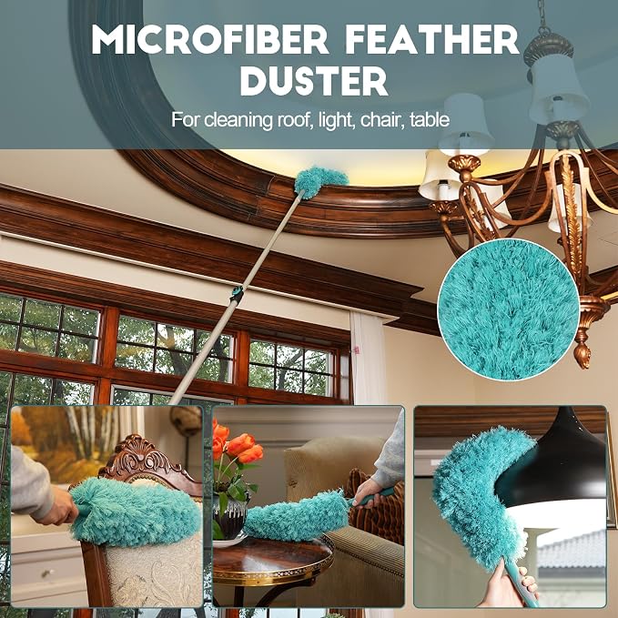 TelesPro 36 Foot High Reach Duster Kit with 7-30FT Extension Pole High Ceiling Dusting and Window Cleaning Kit with Telescopic Pole Window Washer&Squeegee,Cobweb Duster,Fan Duster and Feather Duster