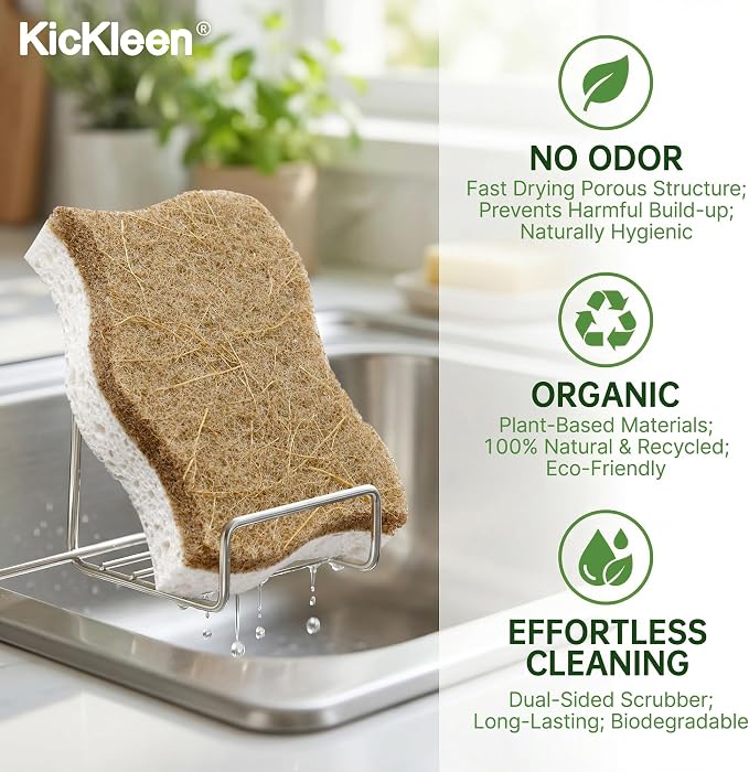 9 Pack Kickleen Biodegradable Natural Kitchen Sponges - Compostable Cellulose and Coconut Walnut Scrubber Sponge - Eco Friendly Sustainable Sponges for Dishes (9 Pack)