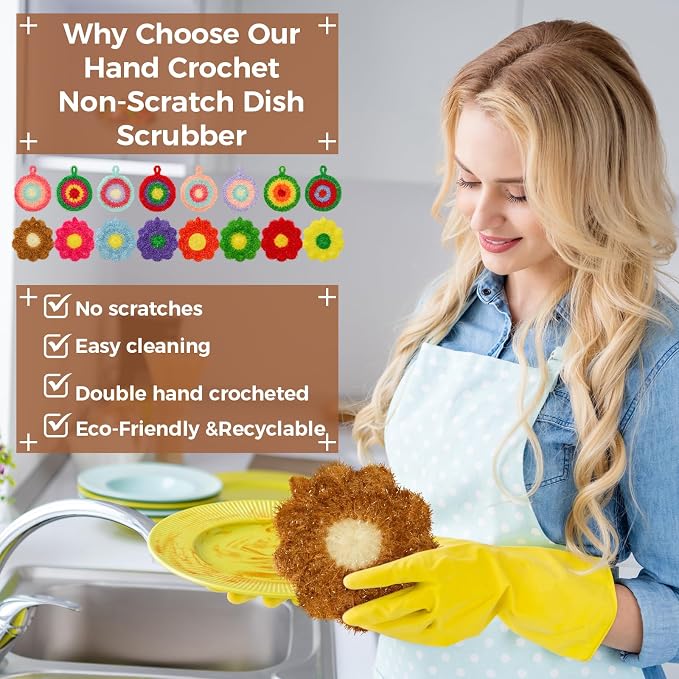 Kenning 16 Pcs Dish Scrubber Non Scratch Dish Washing Scrubbers Reusable Household Cleaning Kitchen Tools for Dishwashing Washing Dishes Cookware Tubs Sinks (Flower)