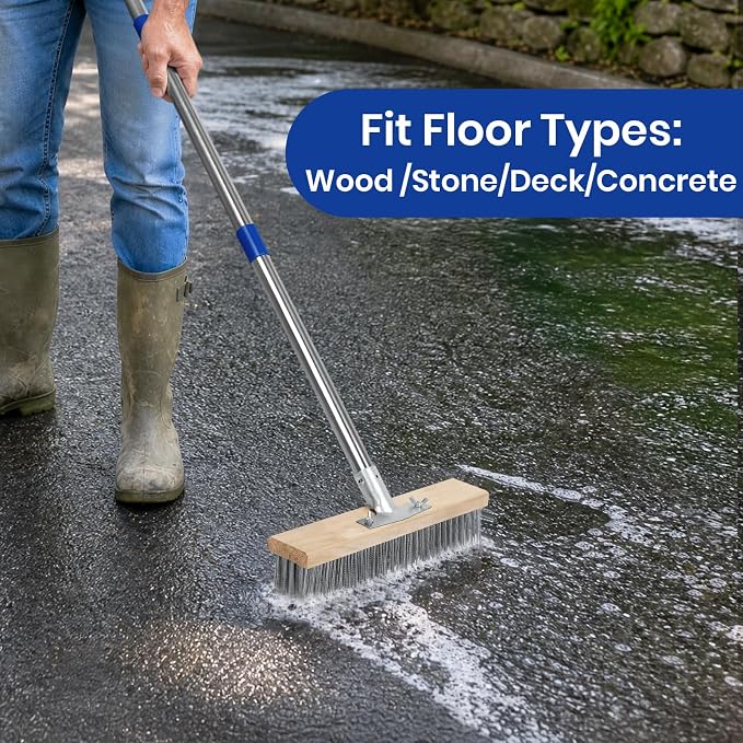 Stainless Steel Deck Scrub Brush, Outdoor Broom for Concrete, Deck, Cement Floor Cleaning, 56" Long Handled Heavy Duty Floor Scrubber