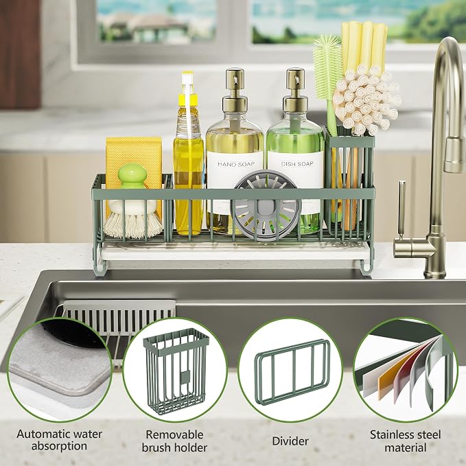 Cisily Extra Large Sink Caddy Organizer with Drying Stone, Sage Green Sponge Holder for Kitchen, Dish Brush Holder for Countertop, Kitchen Decor Storage and Essentials