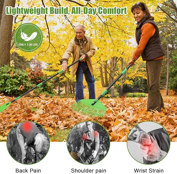 Lightweight Plastic Leaf Rake for Lawns - 16.5'' Wide Garden Rake for Leaves,Gentle on Lawn,50'' Adjustable for Women Seniors Kids,Outdoor Yard Rakes for Sweep Leaves,Grass, Pine Needle