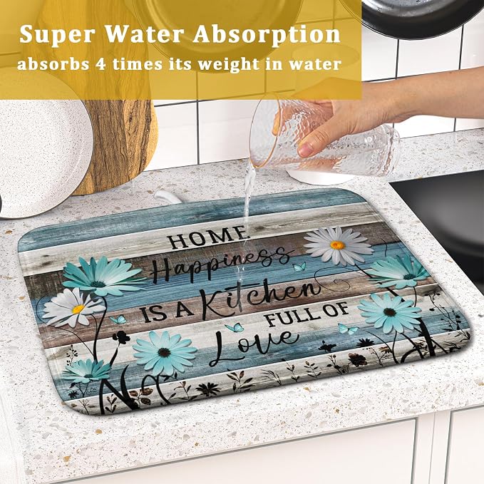 Daisy Floral Dish Drying Mat 16x18 Inches Rustic Wood Microfiber Absorbent Reversible Dish Draining Pad Fast Dry Kitchen Accessories
