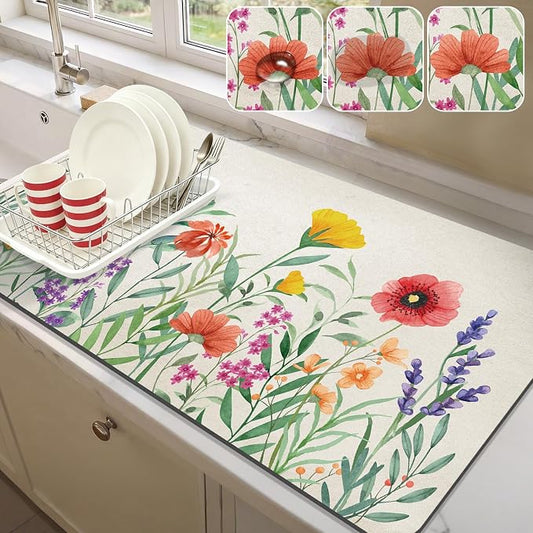 LOKHOM Dish Drying Mat for Kitchen Counter, 17"x32" Absorbent Coffee Bar Mat with Spring Floral, Dish Drainer Rack Mat for Kitchen Counter
