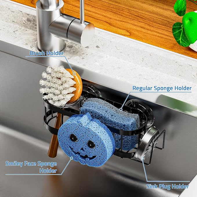 Cisily Sponge Holder Smiley Face, Sink Caddy for kitchen Sink, Kitchen Organizer Sponge Holder with 2 PCS Suction Cups and Adhesive Strips, Designed for Sponge, Soap, Dish brush, Scrubber-Black