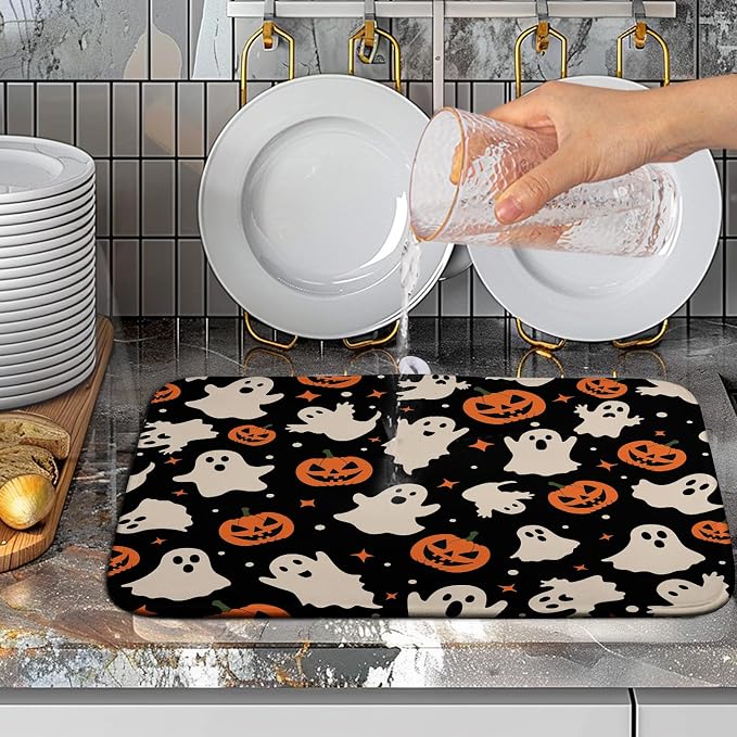 Halloween Dish Drying Mat for Kitchen Counter Pumpkin Spooky Ghosts Fall Dish Mat Absorbent Microfiber Reversible Dish Draining Mat Medium Dishes Pad 16 X 18 Inch