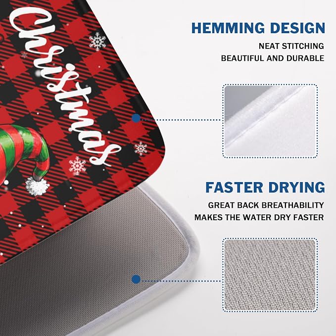 Merry Christmas Dish Drying Mat 18x24 Inch Xmas Santa Claus Winter | Polyester，Absorbent Microfiber，for Kitchen Coffee Dining Bar Decor