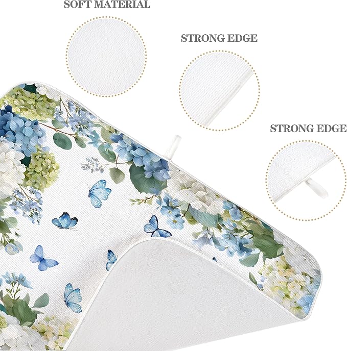Spring Dish Drying Mat 18x24 Inches For Kitchen Counter Absorbent Watercolor Blue Hydrangea Butterfly Kitchen Decoration Summer Floral Drying Mat Pad For Home Kitchen,Dining Room,Office Decor