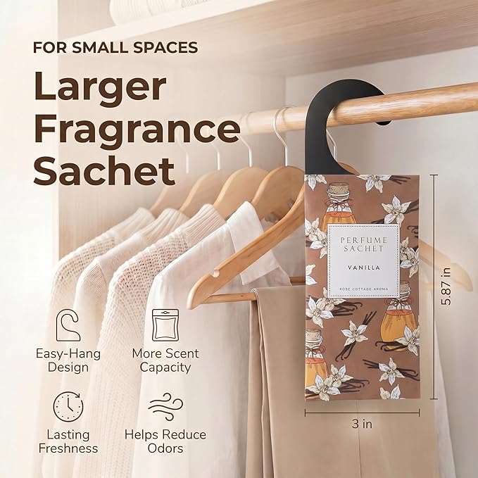 Large 12 Packs Vanilla Hanging Scented Sachets Long-Lasting Closet Deodorizer Air Freshener Fabric Refresher Odor Eliminator for Drawer Home Fragrance Gift Set