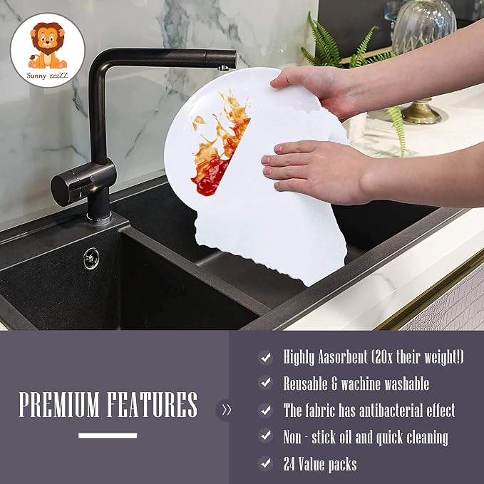 Sunny zzzZZ 24 Pack Kitchen Dishcloths - Does Not Shed Fluff - Reusable Dish Towels, Dish Cloths, Super Absorbent Coral Fleece Cleaning Cloths, Nonstick Oil Washable Fast Drying, 7 x 9 Inch (White)