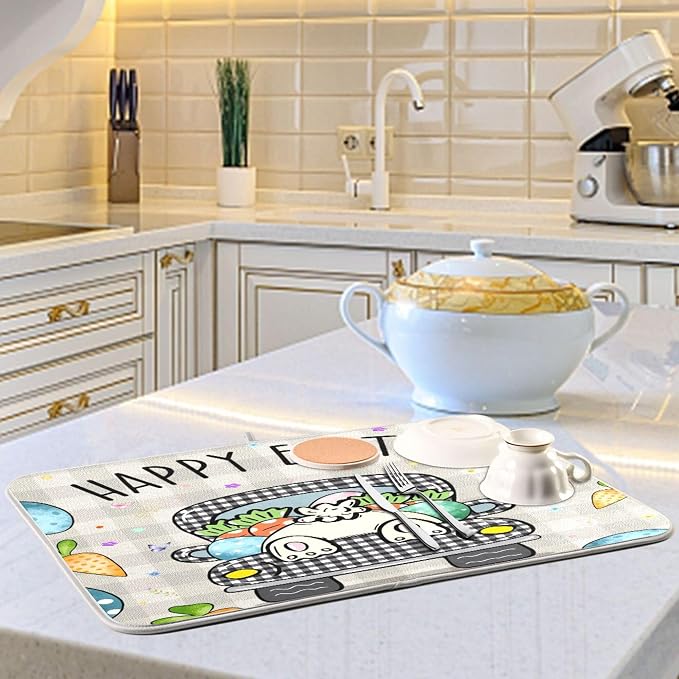 Easter Eggs Bunny Rabbit Dish Drying Mat Quick Absorbent 16x18 Easter Day Black White Buffalo Plaid Kitchen Drying Mat for Countertop Sink Reusable Dishes Mats Kitchen Essentials