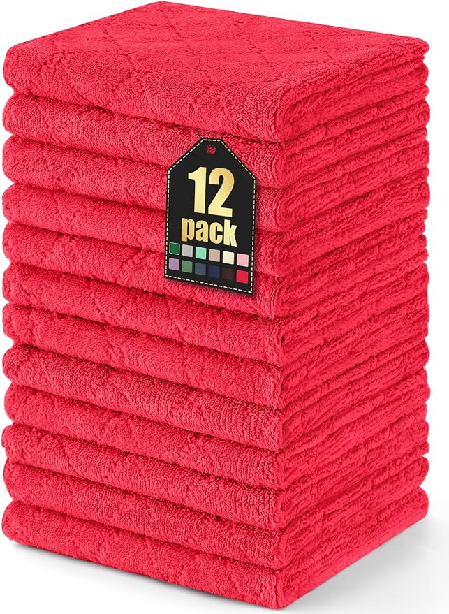 Homaxy 12 Pack Dish Towels for Kitchen (13 x 19 Inches, Red), Super Soft and Absorbent Coral Velvet Dish Cloths for Washing Dishes, Nonstick Oil Fast Drying Microfiber Cleaning Cloth
