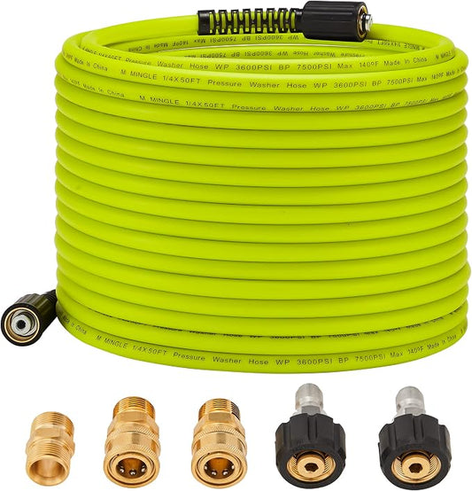 M MINGLE Pressure Washer Hose 50 FT x 1/4", M22 14mm Fittings, 3600 PSI | Replacement Power Wash Hose with 3/8" Quick Connect Kits, Kink Resistant, Ideal for Car, Driveway, Siding & Patio Cleaning