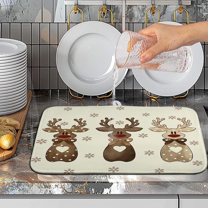 Christmas Reindeer Snowflakes Dish Drying Mat for Kitchen Counter 16x18 Inch Winter Xmas Holiday Drying Pads Microfiber Absorbent Dish Draining Mat Large Dish Drainer Rack Mat