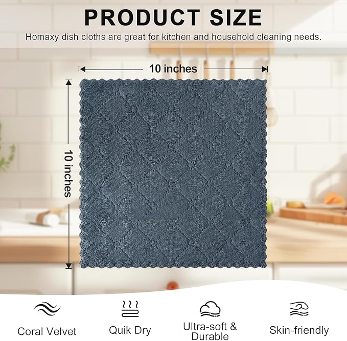Homaxy 24 Pack Kitchen Dish Cloths (10 x 10 Inches, Dark Grey), Super Soft and Absorbent Coral Velvet Dish Towels, Nonstick Oil Fast Drying Microfiber Cleaning Cloth, No Lint Household Dishcloths