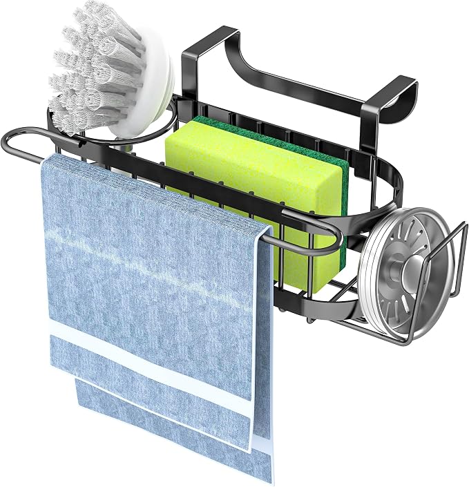 Cisily Kitchen Sink Caddy Sponge Holder in The Sink, Stainless Steel Kitchen Sink Organizer, Brush Holder, Dish Cloth Hanger, Sink Stopper Holder (Hanging-Black)