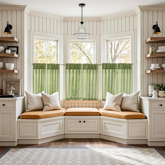 jinchan Linen Pinch Pleated Back Tab Tier Curtains, 26x36, 2 Panels, Green | Light filtering,small window treatment,cafe curtains,machine washable,farmhouse,kitchen,bathrooms,laundry