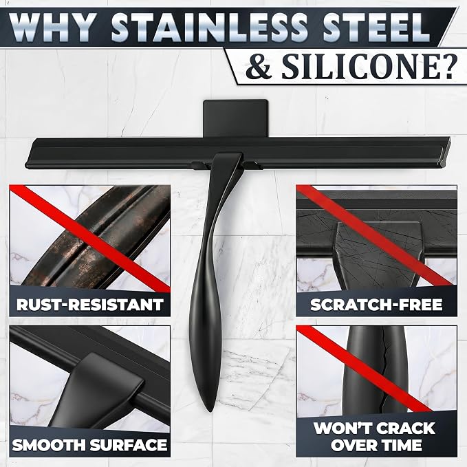 Black Squeegee for Shower Glass, 14" Silicone Blade, Stainless Steel | Shower Door Squeegee with Hook, Adhesive Mount; All-Purpose Bathroom Tile, Mirror, & Window Wiper for Streak-Free Cleaning