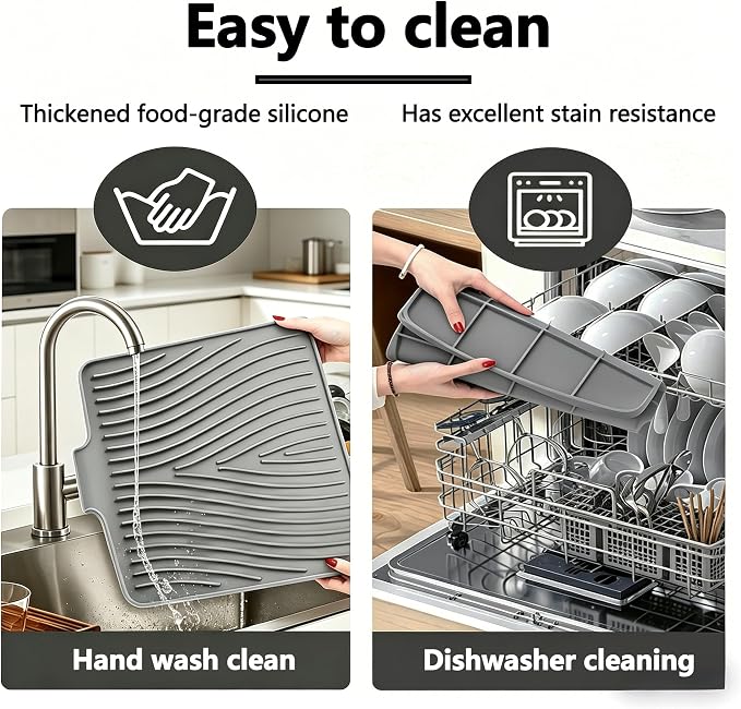 EBIGIC Silicone Dish Drying Mat,19.7"*17"Dish Drying Pad,Kitchen Accessories,with Built-In and Non-Slip Drain,Easy Clean, Fit for Kitchen, Bar, RV, Refrigerator and Drawer Liner, Grey