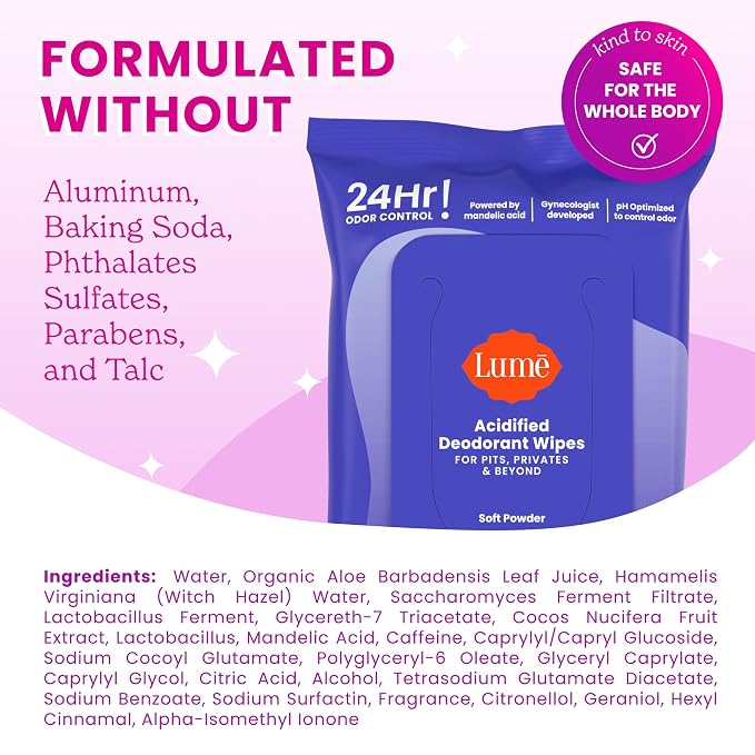 Lume Acidified Deodorant Wipes - 24 Hour Odor Control - Whole Body Deodorant Wipes - Aluminum Free, Baking Soda Free, Skin Loving - Flushable - 15 Count - 3 Pack (Soft Powder)
